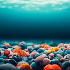 A vibrant underwater scene showcasing diverse coral formations in various colors, set against a tranquil blue background.