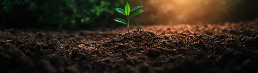 Reforestation for climate action, young sapling emerging from rich soil, symbolizing growth and renewal