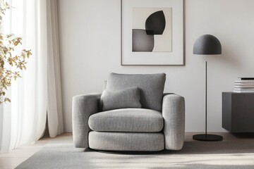 Fototapeta premium Modern swivel armchair in a bright living room with abstract art