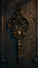 Unlocking Hidden Secrets: An Antique Key Turning in a Intricate Lock on a Weathered Wooden Door