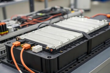 Close up of Electric Vehicle Battery Pack With Cables in Low Resolution Generative AI