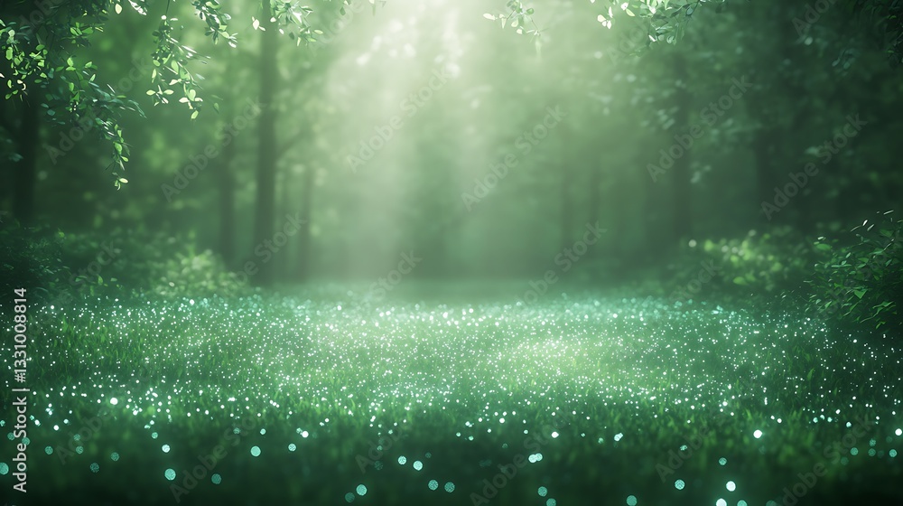 Aufkleber lush green forest with soft light filtering through trees, creating a serene atmosphere.