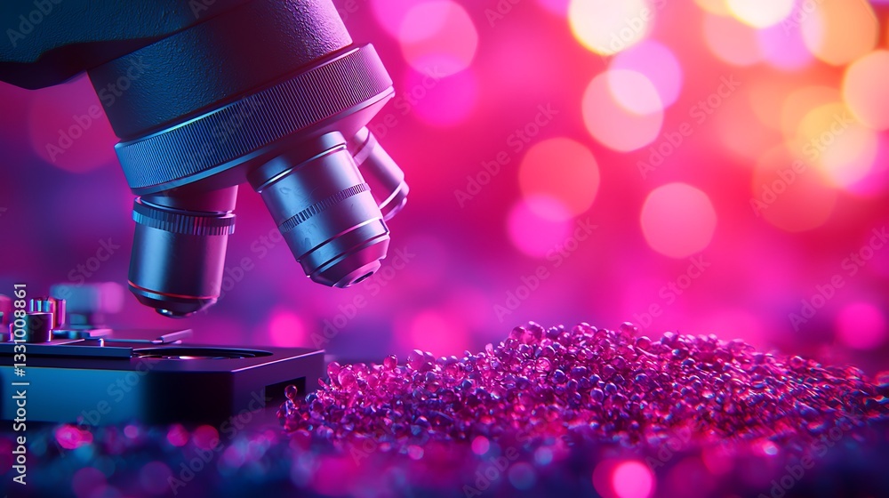 Poster a close-up of a microscope examining colorful glitter, creating a vibrant and intriguing scientific 