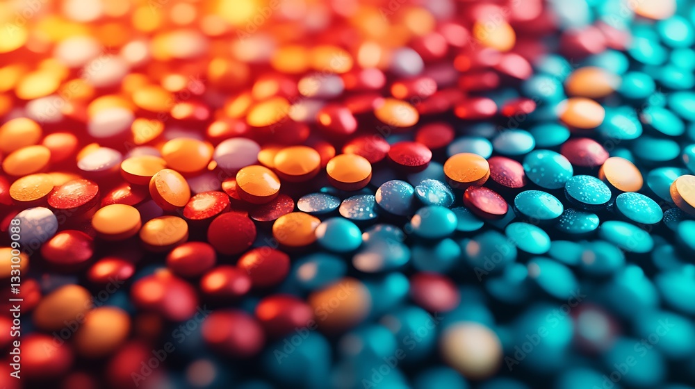 Poster a vibrant collection of colorful round objects, featuring shades of blue, red, and orange, creating 