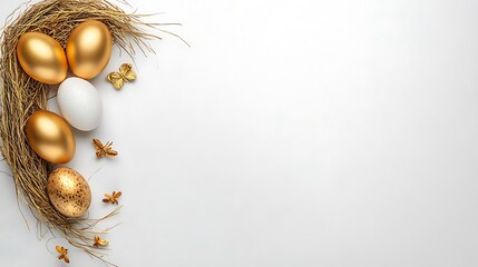 Golden and White Easter Eggs in a Nest: Springtime Tabletop Photography AI Generated