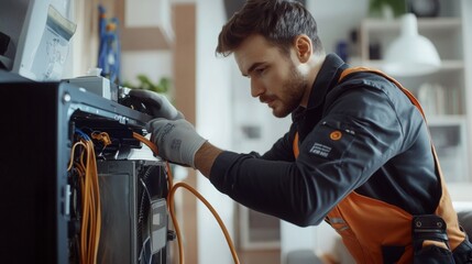 Technician repairs kitchen appliances in modern home during morning hours