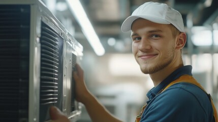 Skilled technician performing maintenance on industrial cooling equipment in a modern facility
