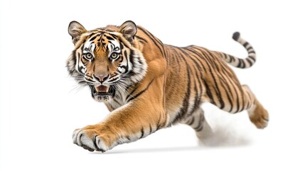 Obraz premium Majestic tiger in full stride, isolated on white.