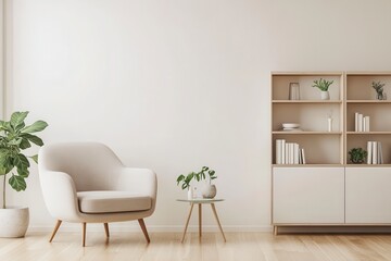 Minimalist Beige Living Room with Armchair and Bookcase