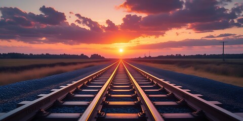 Railway line in rural landscape during vibrant sunset with glowing sky and symmetrical track alignment, symbolizing journey, hope, and endless possibilities

