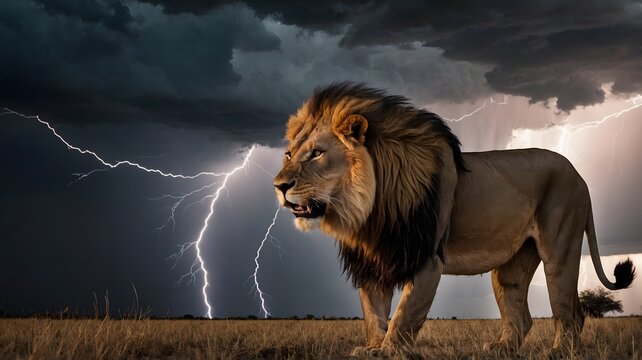 Fury Unleashed: Transvaal Lion Roars as Lightning Strikes the Sky
