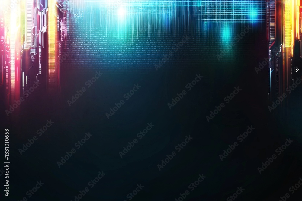 Poster a vibrant digital background featuring colorful light streaks and abstract patterns on a dark backdr