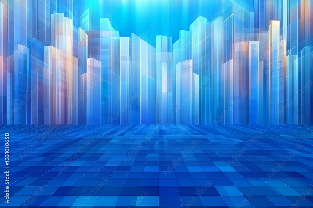Poster a vibrant, abstract representation of towering structures in shades of blue, creating a futuristic c