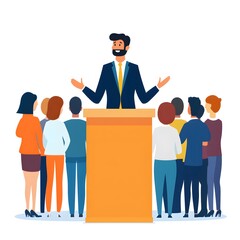 Eloquent Speech: A distinguished speaker captivates an audience with a dynamic presentation, delivering insightful oratory from a grand podium in a setting of vibrant interest.