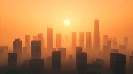 Naklejka premium A city skyline at sunset, enveloped in a warm golden hue, showcasing tall buildings silhouetted against a hazy sky.