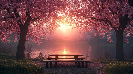Serene Sunset Picnic Table Scene with Pink Cherry Blossoms and Calm Lake