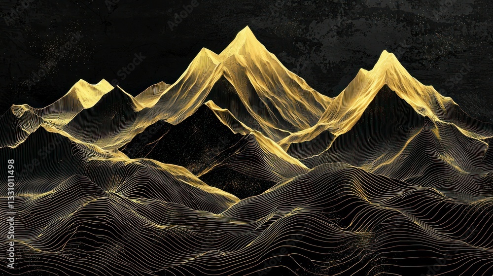 Poster bold golden mountain peaks with abstract linework and a black-and-white gradient background for vers