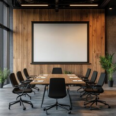 Modern Conference Room with Projection Screen and Wooden Wall