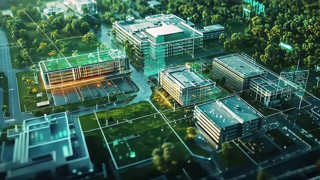 Aerial view of a modern technology campus surrounded by greenery, showcasing innovative architecture