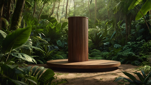 Elegant Wooden Podium in Serene Tropical Forest Setting &ndash; Perfect for Product Showcases