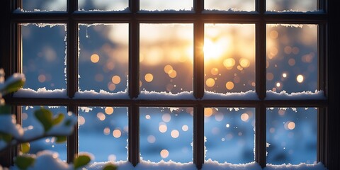 Serene snowy morning seen through a rustic window with sunlight and magical golden bokeh, evoking winter charm and tranquil holiday warmth inside a cozy home

