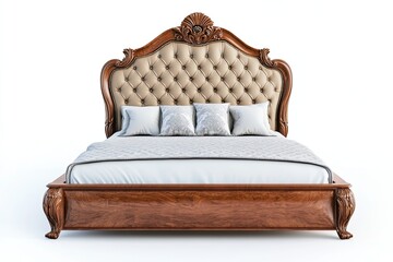 Luxury bed frame with upholstered headboard isolated on a white background 