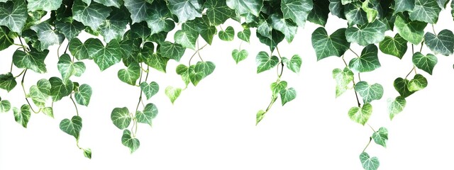 Lush green ivy leaves cascading down on white background. (1)