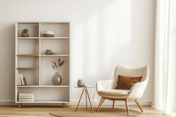Modern Minimalist Living Room with White Bookshelf and Cream Armchair
