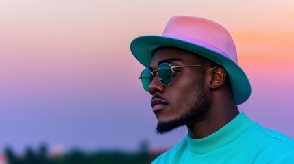 Stylish Young Man in Hat   Sunglasses  Sunset Portrait