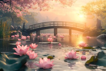 Serene Easter lotus pond adorned with pastel eggs under a glowing sunset