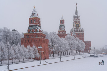 Nabatnaya, Tsarskaya and Spasskaya Towers of the Moscow Kremlin and Red Square during heavy...