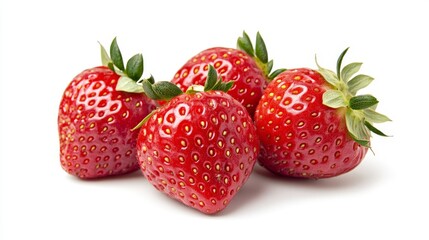 Close up of three fresh strawberries with green leaves isolated on white background highlighting their juicy red texture and natural farm fresh appeal
