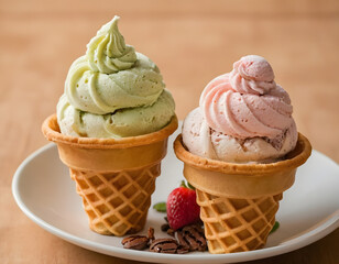 Ice cream flavors in ice cream cone waffles, sweet and dessert food concept in summer, vanilla ice cream.