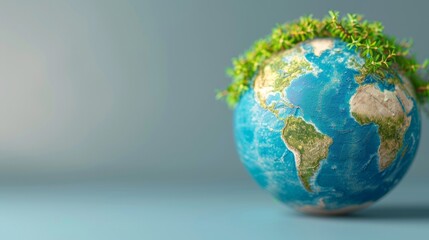 A globe covered in lush greenery and wind turbines symbolizes sustainable development and clean energy management. Defined edges and detailed textures.