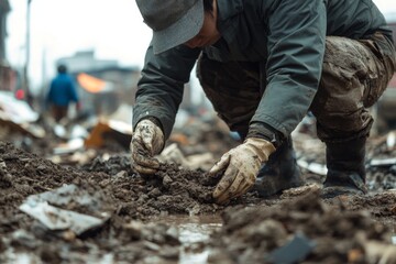 A person is carefully digging through muddy debris and rubble in an urban setting, actively participating in flood recovery and cleanup efforts Generative AI