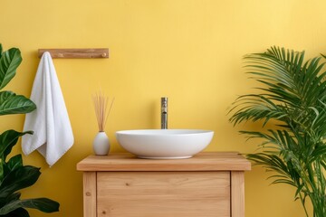 Fototapeta premium Modern Yellow Bathroom Interior with Wooden Vanity and Tropical Plants