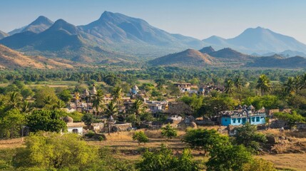 Fototapeta premium Picturesque Indian Village Nestled Amongst Lush Greenery And Stunning Mountain Backdrop. Serene And Rural Landscape.