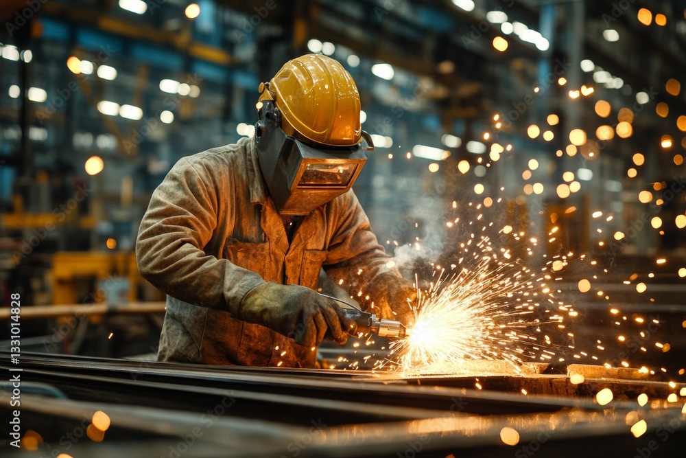 Poster a skilled worker in protective gear performs welding in an industrial workshop, creating showers of 