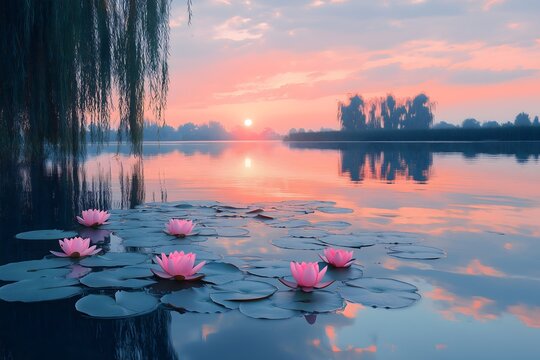 Tranquil lake reflecting a pastel peach sunset with blooming water lilies in serene surroundings