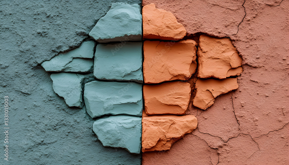 Poster abstract textured background with contrasting teal and terracotta stonework. ideal for design projec