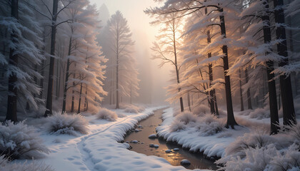 A dreamy, snow-covered forest where trees glow with soft golden light, and a winding crystal-clear stream cuts through the misty landscape.
