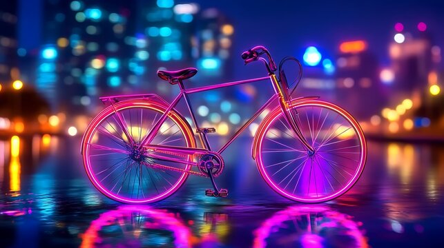 Neon bicycle on wet street with blurred cityscape. Retro advertising use