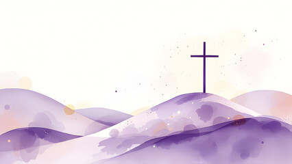Watercolor Illustration of a Cross on a Hill with Serene Purple Mountains – Spiritual, Religious, Easter, and Faith-Based Concept Art