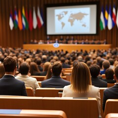 International Conference: A large, bustling conference hall filled with attendees, international flags, and a presentation screen, all coming together to represent international cooperation.