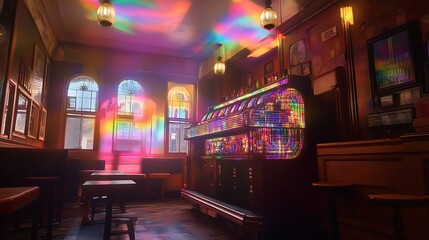 Jukebox room glows with refracted rainbow light; for entertainment, and design use