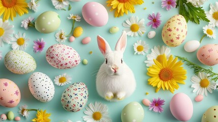 Colorful Easter-themed seamless pattern with eggs, bunnies, and spring flowers on a pastel background.