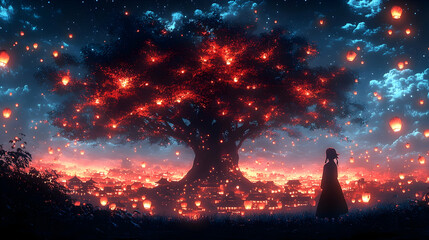 A girl gazes at a large tree adorned with glowing lanterns, overlooking a town illuminated by similar lights under a starry, cloudy night sky