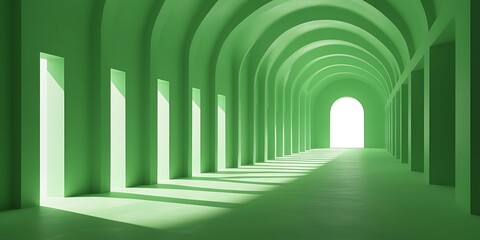 Obraz premium Minimalist green architectural corridor with tall arches and dramatic sunlight casting geometric shadows, creating a surreal and futuristic design space for modern art concepts