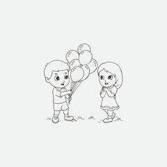 Adorable drawing of a young boy offering balloons to a girl on a sunny day. This artwork embodies themes of friendship, kindness, and childhood joy, making it perfect for cards or educational content.