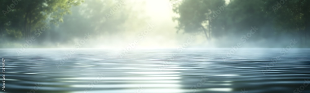 Poster serene water surface reflecting mist and soft light in a tranquil natural setting.